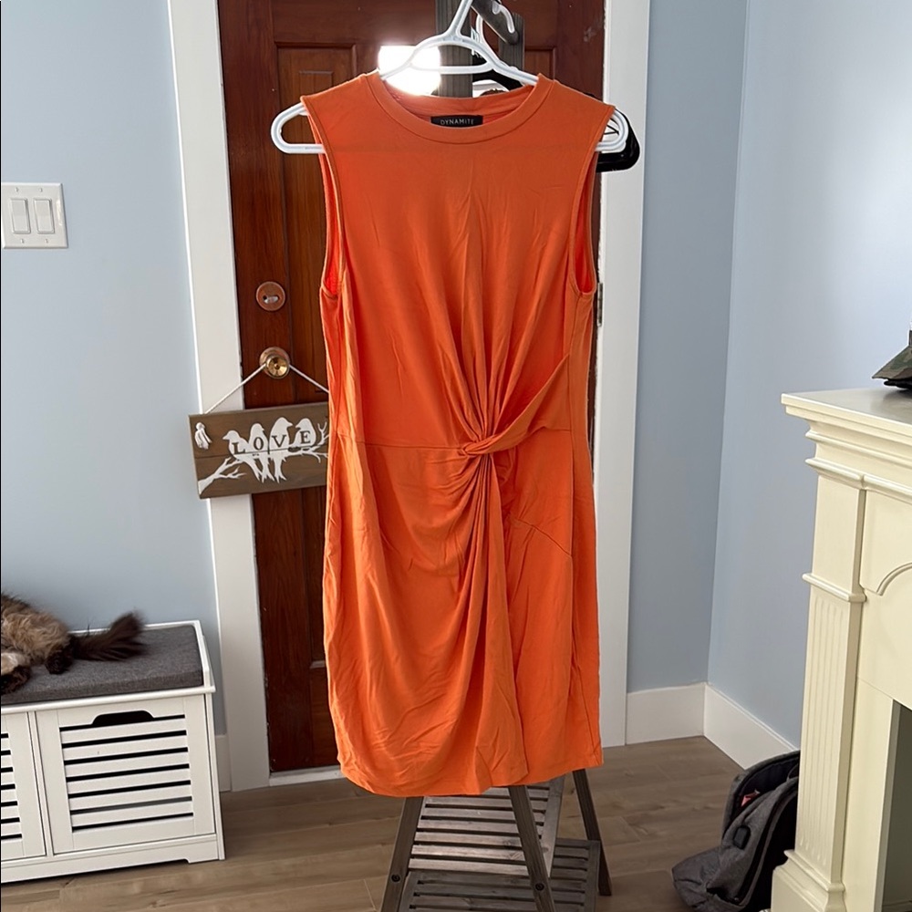 Dynamite Orange Ruched Sheath Midi Dress